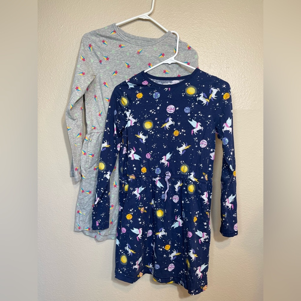 Lands' End Kids Cotton Dresses Set of 2 - Navy unicorn and Gray stars 14 Large